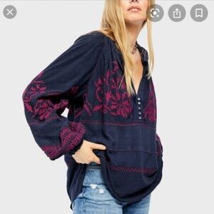 Free People Navy and Magenta Blouse